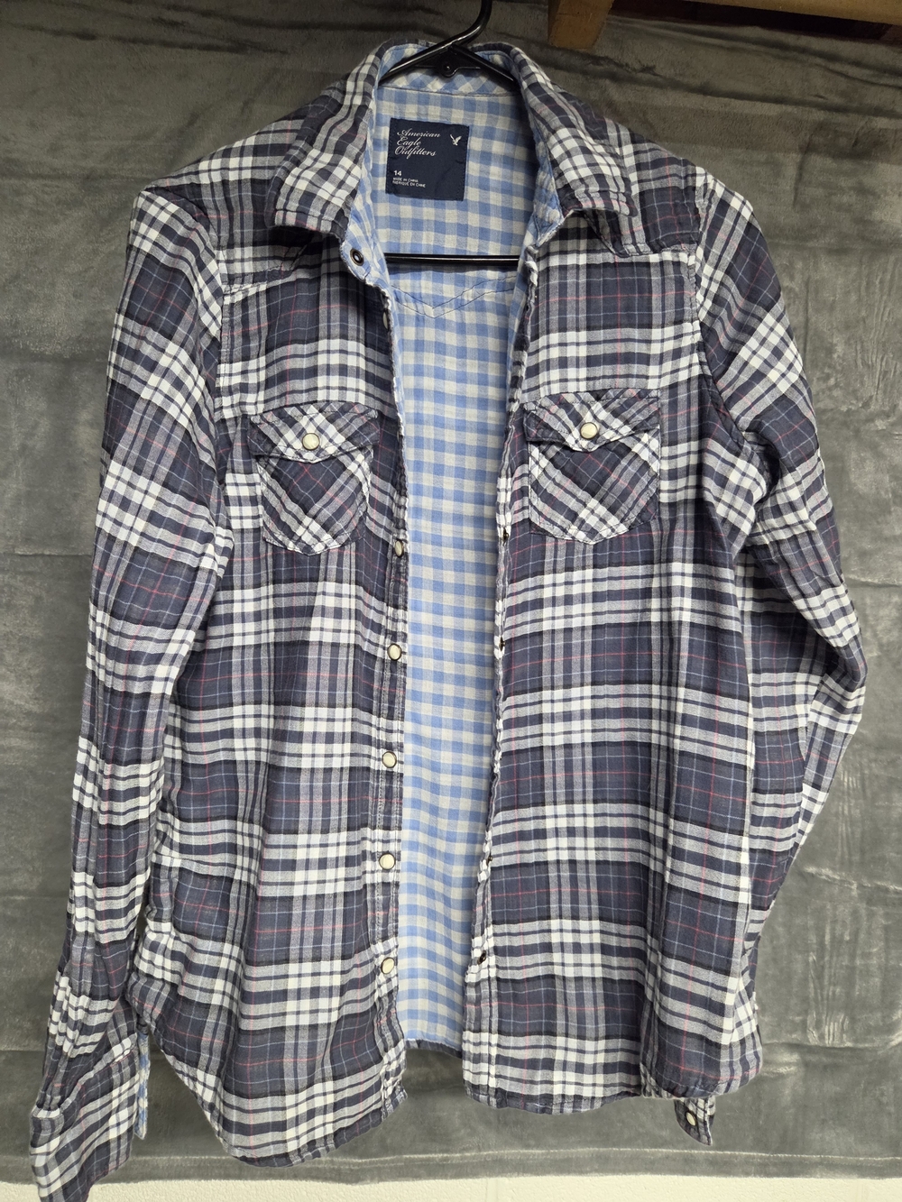American Eagle Outfitters Light Blue & White Plaid Button-Down